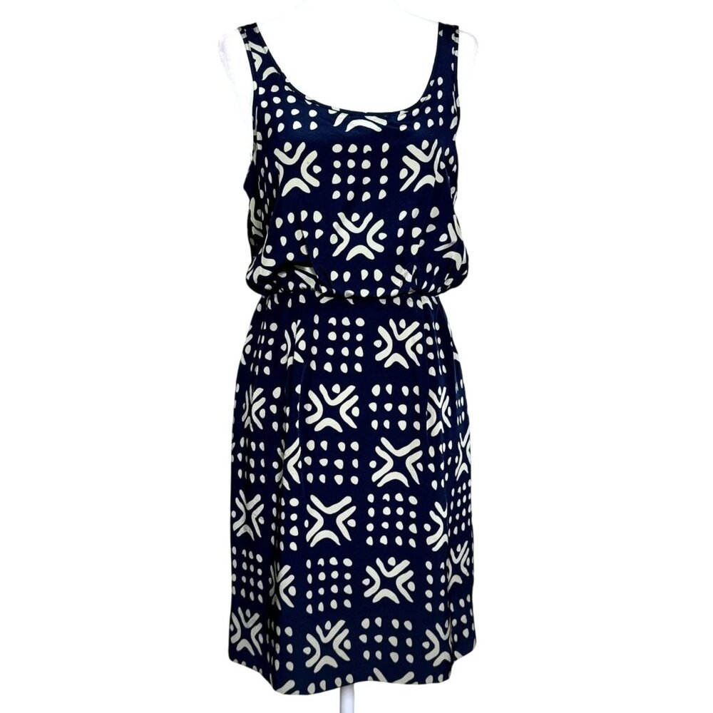 NWOT Anthropologie Sariah Womens Dress Size 2 Navy White Geometric Print Silk